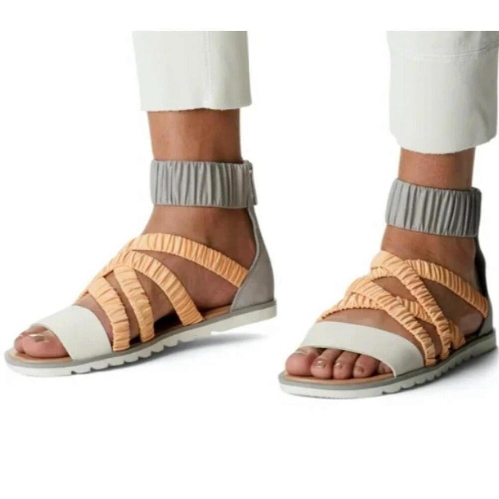 Sorel Gladiator Sandals Flats Gray Orange Women’s Ella Sz 7.5
